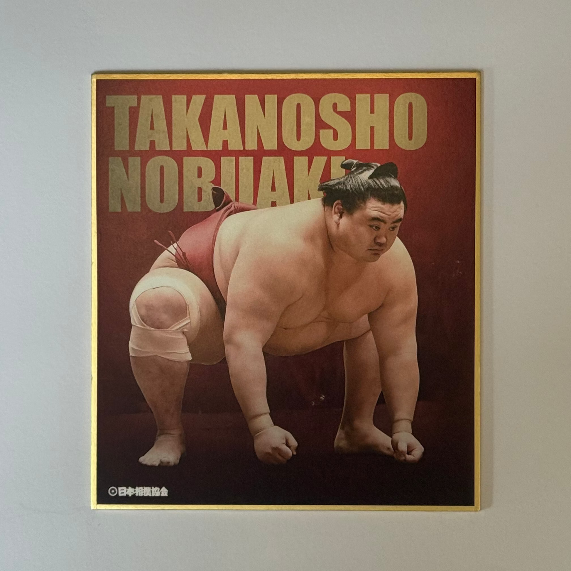 Red card with text and photo image